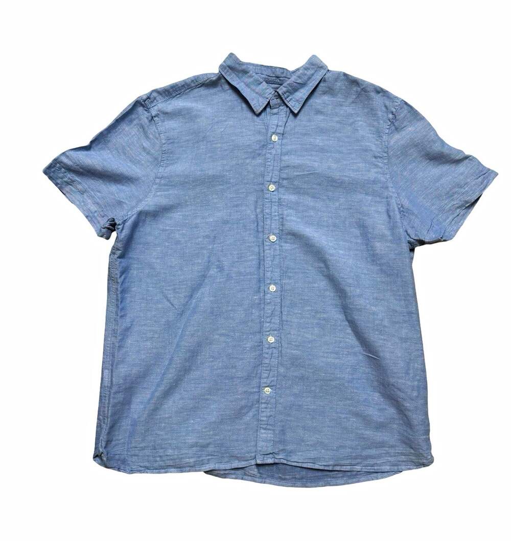 Perry Ellis Men’s XL Blue Linen Blend Solid Short Sleeve Button Front Shirt